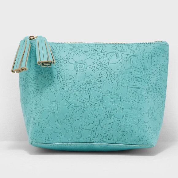 Typo Large Floral Embossed Cosmetic Zip Bag Toiletries Makeup Travel Teal Blue - Picture 2 of 6